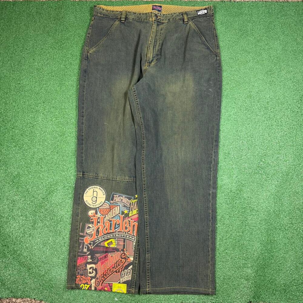Platinum FUBU Harlem Globetrotters Baggy Jeans 40x32 Y2K Hip Hop Denim - Picture 4 of 8